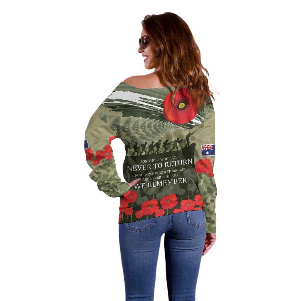 ANZAC Day We Remember Off Shoulder Sweater Maori Silver Fern Camouflage Motif