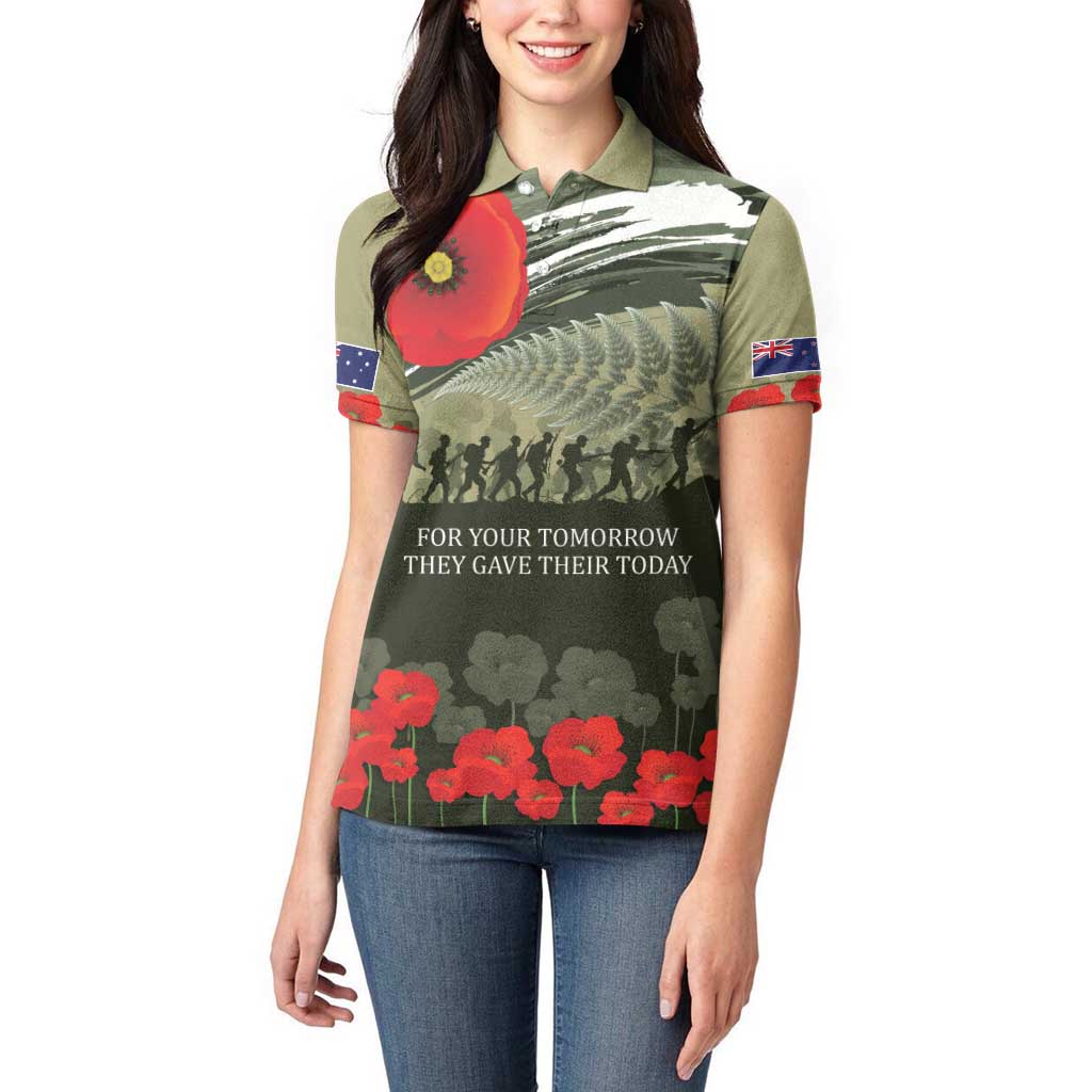 ANZAC Day We Remember Women Polo Shirt Maori Silver Fern Camouflage Motif