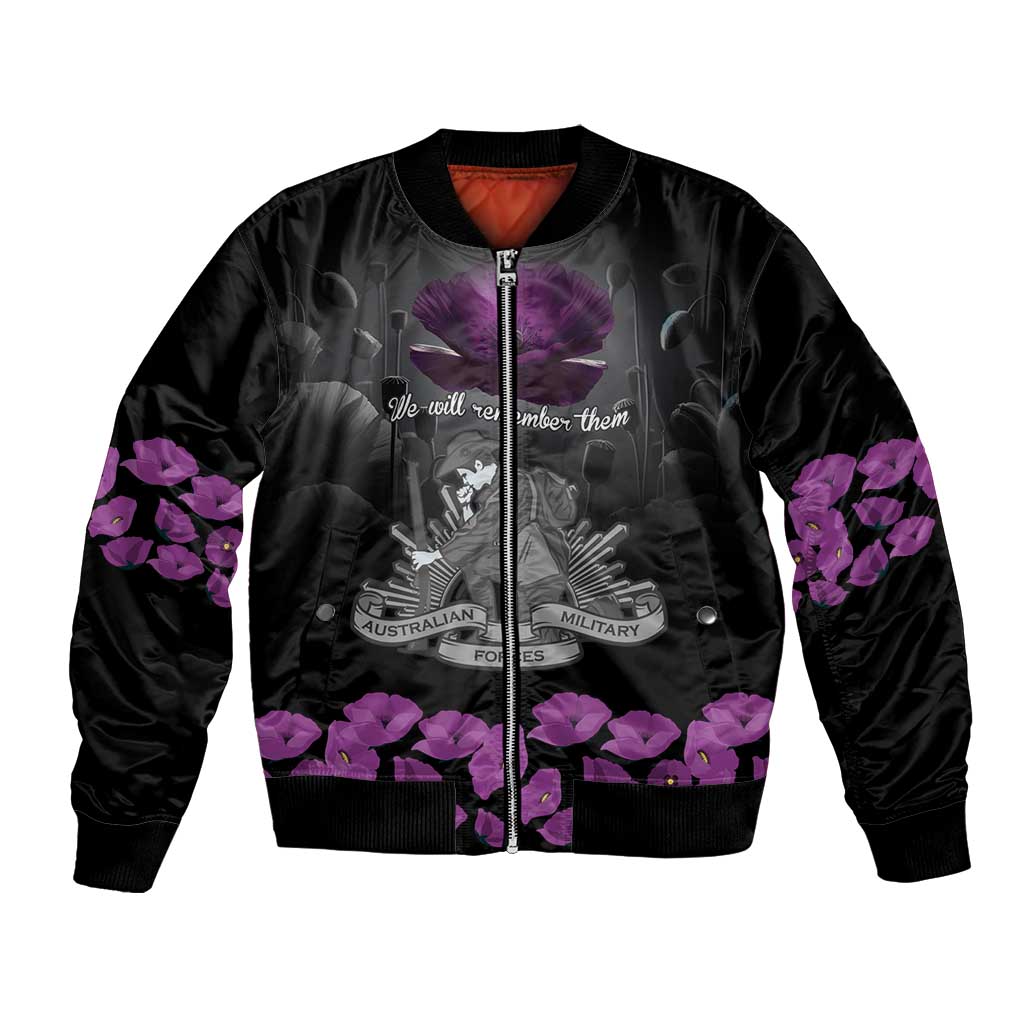 ANZAC Day Remembrance Bomber Jacket Purple Poppy We Will Remember Them