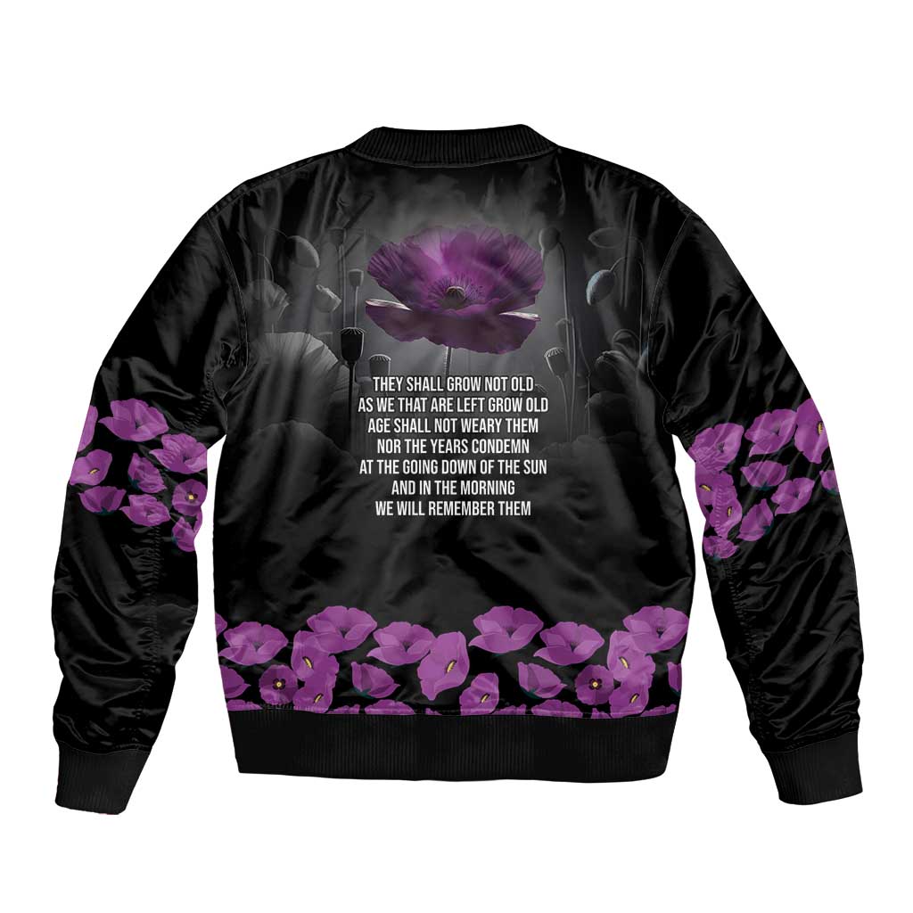 ANZAC Day Remembrance Bomber Jacket Purple Poppy We Will Remember Them