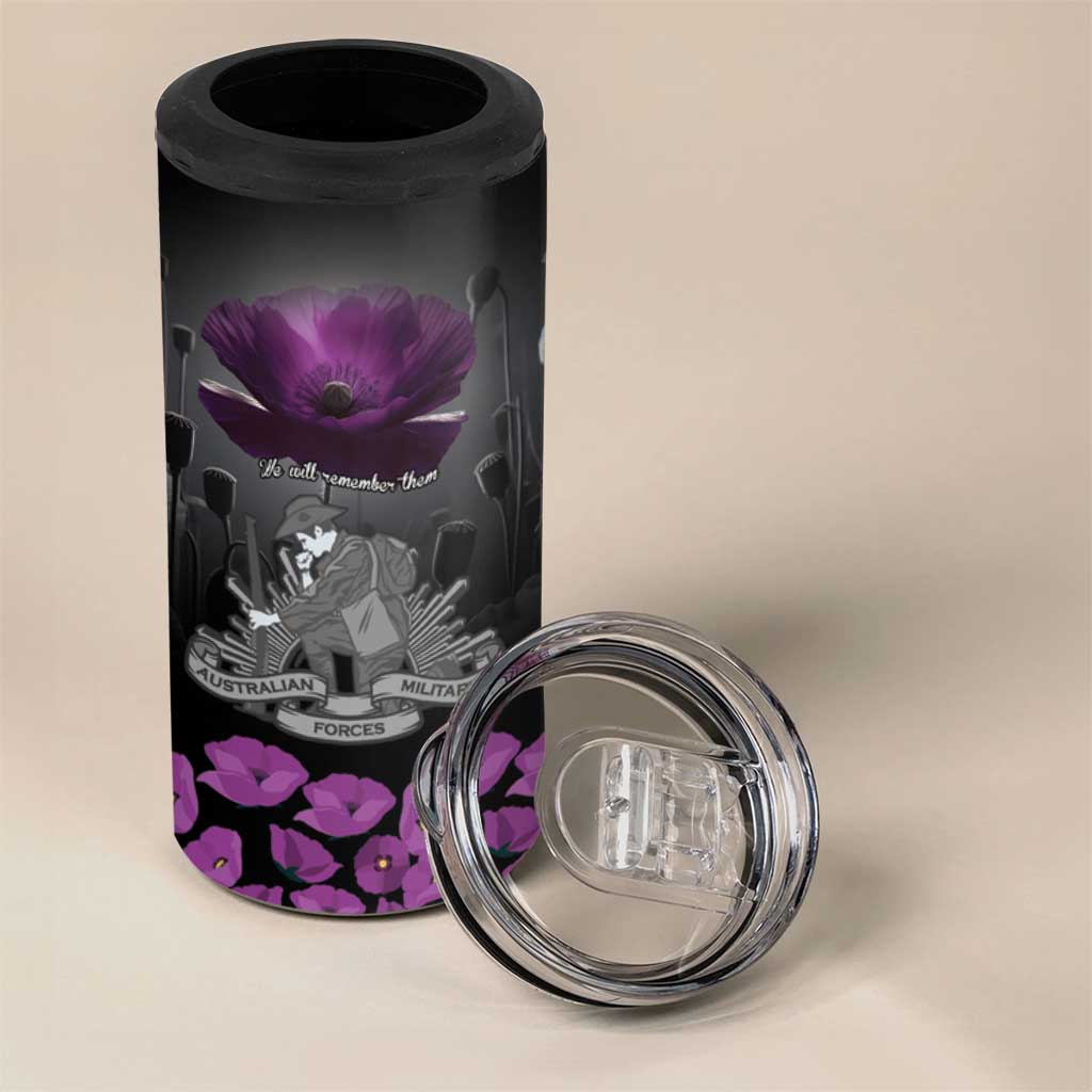 ANZAC Day Remembrance 4 in 1 Can Cooler Tumbler Purple Poppy We Will Remember Them