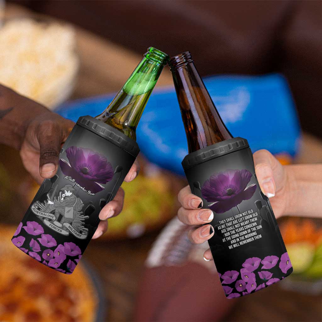 ANZAC Day Remembrance 4 in 1 Can Cooler Tumbler Purple Poppy We Will Remember Them