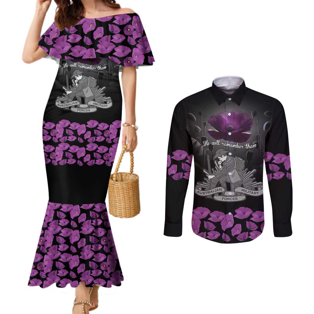 ANZAC Day Remembrance Couples Matching Mermaid Dress and Long Sleeve Button Shirt Purple Poppy We Will Remember Them