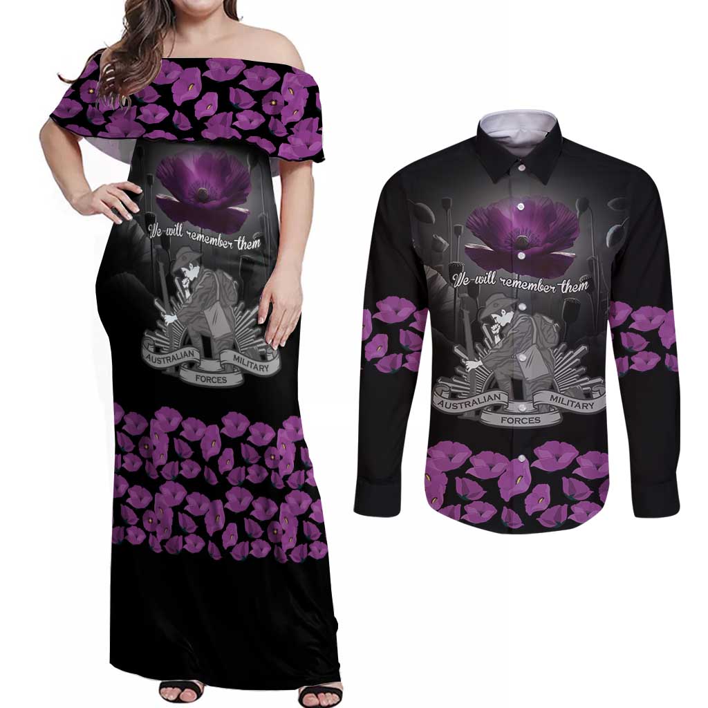 ANZAC Day Remembrance Couples Matching Off Shoulder Maxi Dress and Long Sleeve Button Shirt Purple Poppy We Will Remember Them LT9 Purple - Polynesian Pride