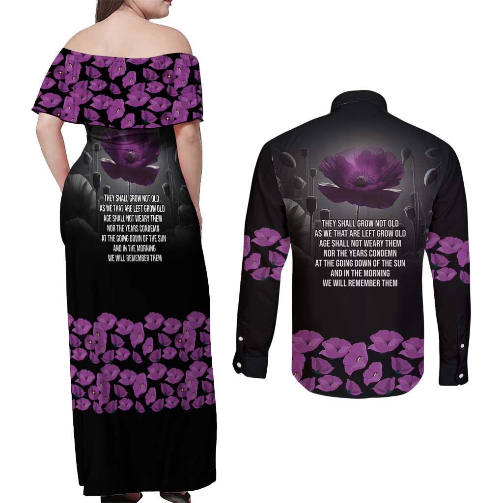 ANZAC Day Remembrance Couples Matching Off Shoulder Maxi Dress and Long Sleeve Button Shirt Purple Poppy We Will Remember Them LT9 - Polynesian Pride