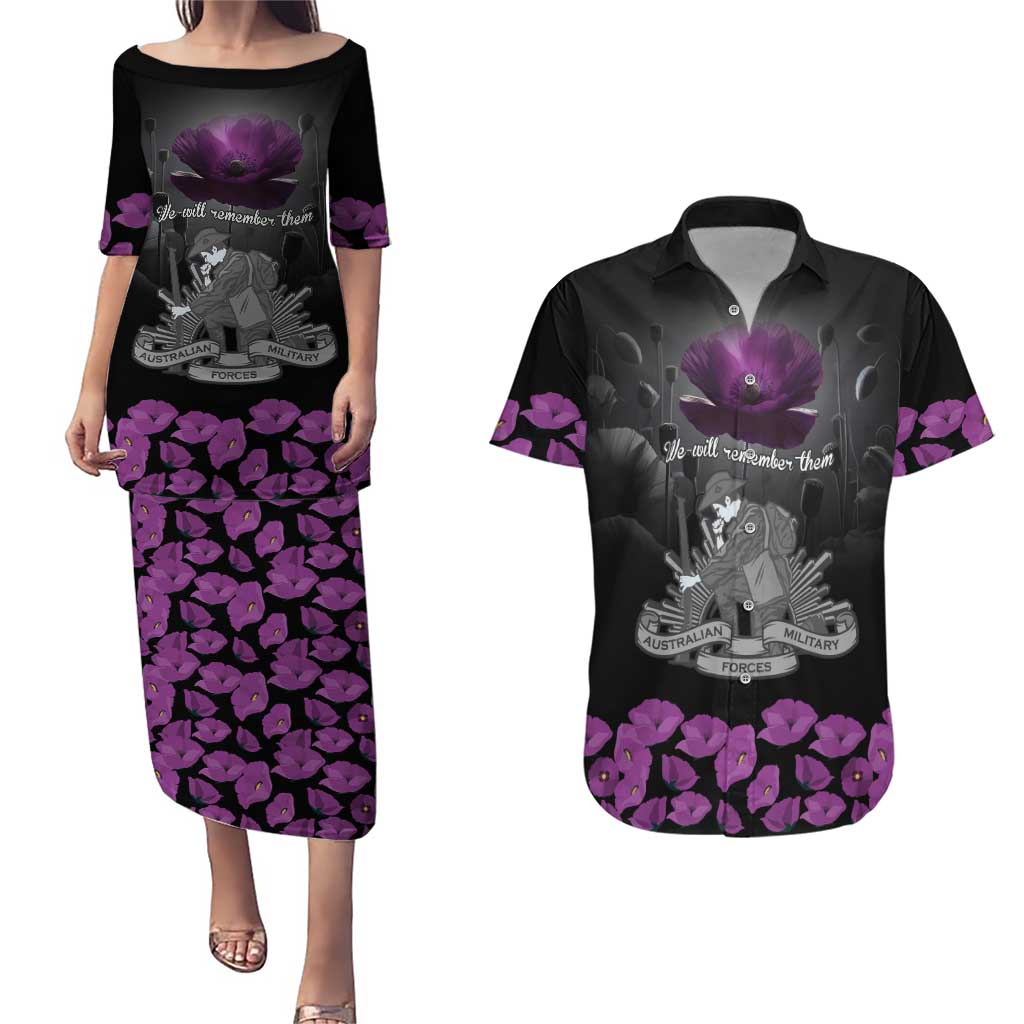 ANZAC Day Remembrance Couples Matching Puletasi and Hawaiian Shirt Purple Poppy We Will Remember Them
