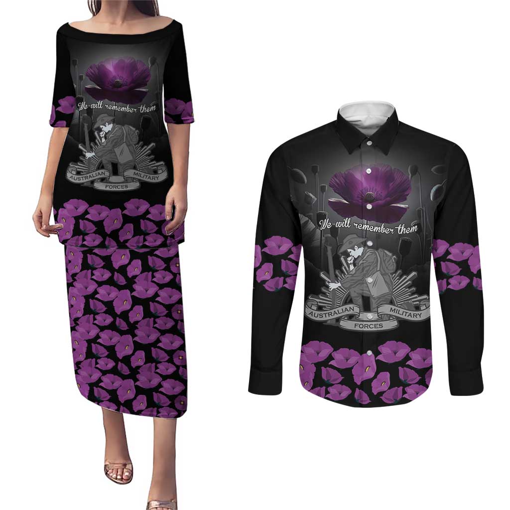 ANZAC Day Remembrance Couples Matching Puletasi and Long Sleeve Button Shirt Purple Poppy We Will Remember Them