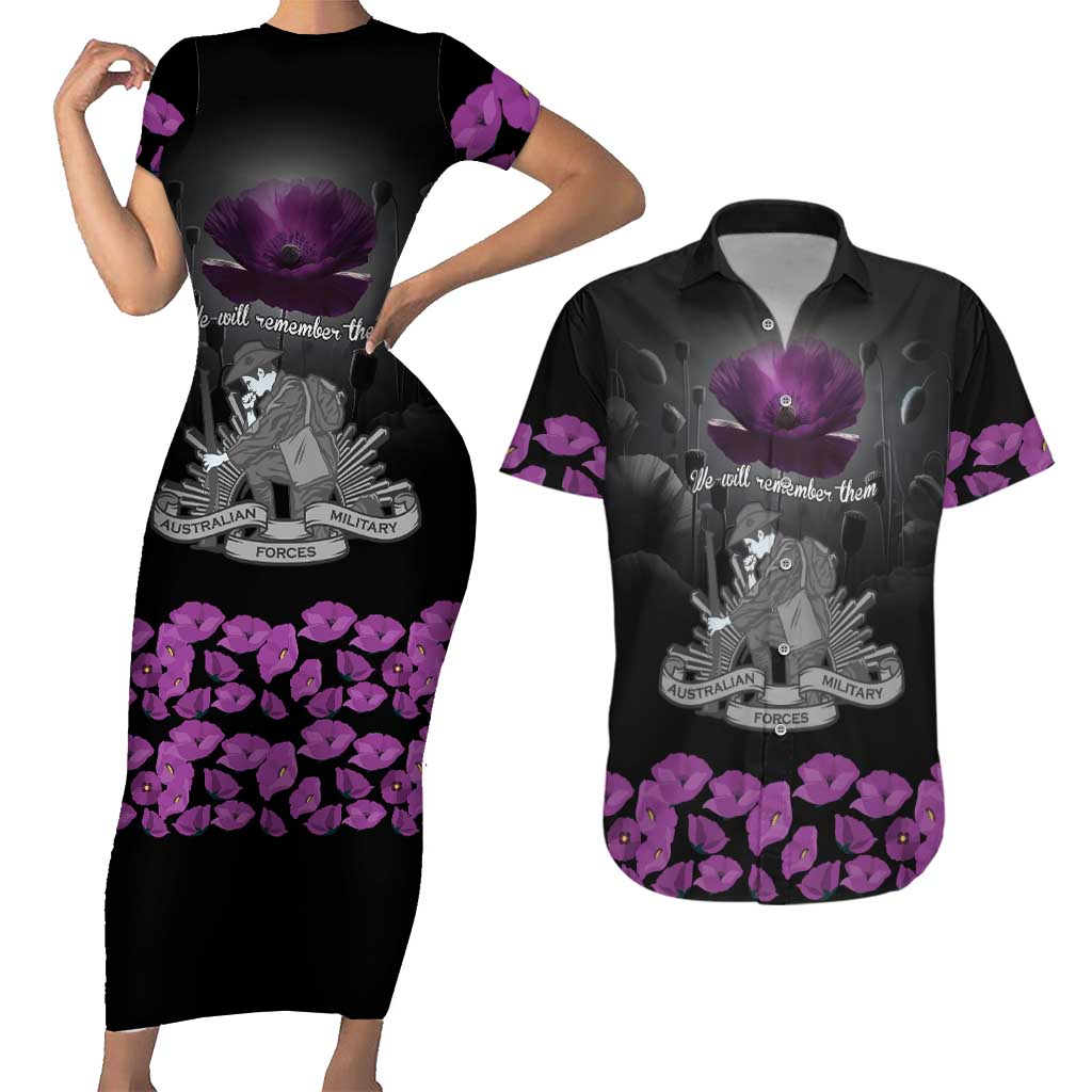 ANZAC Day Remembrance Couples Matching Short Sleeve Bodycon Dress and Hawaiian Shirt Purple Poppy We Will Remember Them