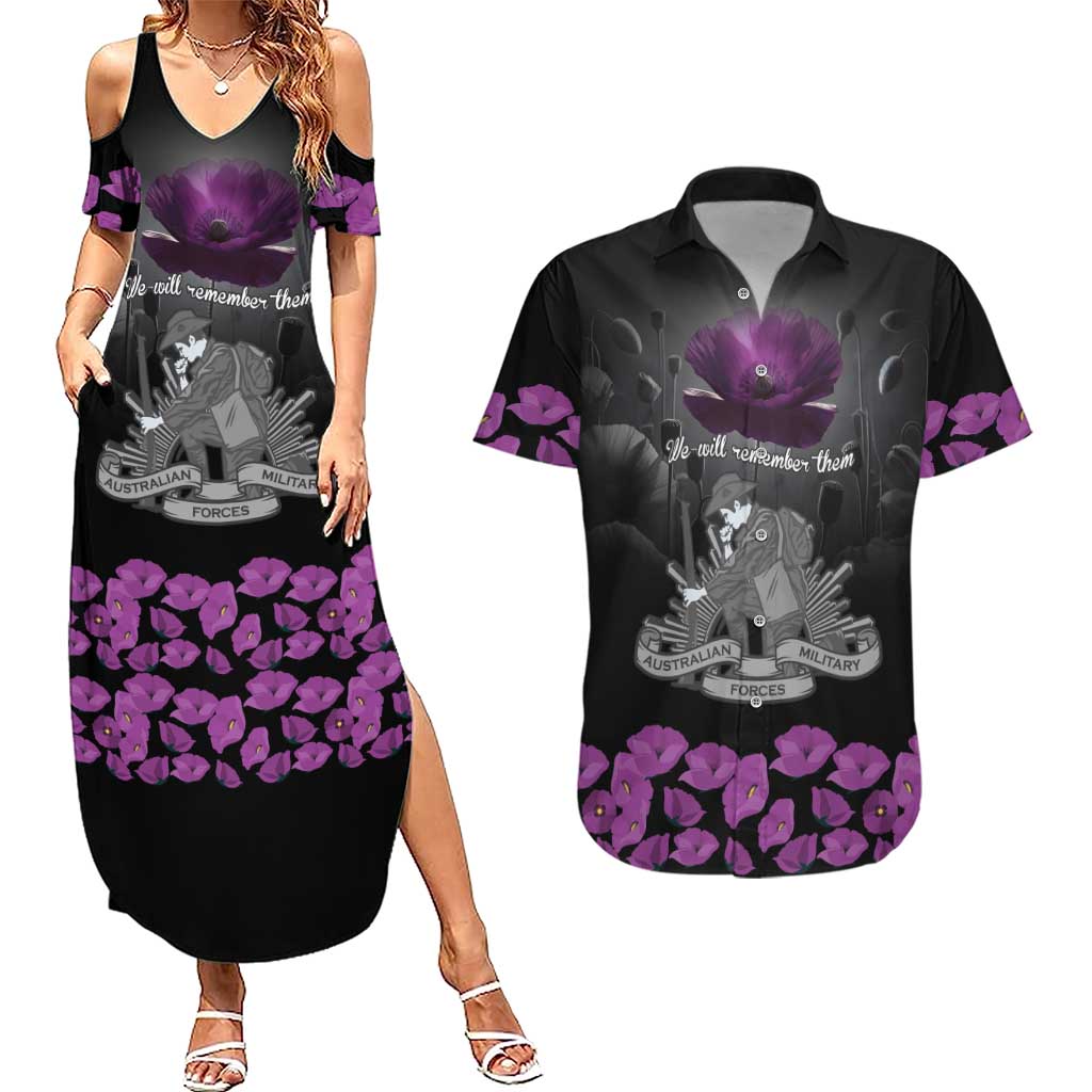 ANZAC Day Remembrance Couples Matching Summer Maxi Dress and Hawaiian Shirt Purple Poppy We Will Remember Them