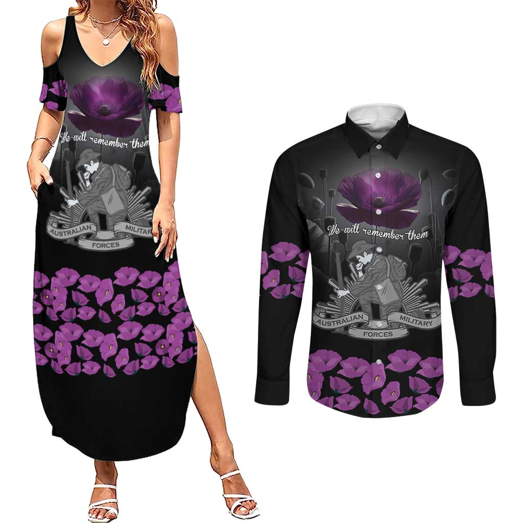 ANZAC Day Remembrance Couples Matching Summer Maxi Dress and Long Sleeve Button Shirt Purple Poppy We Will Remember Them LT9 Purple - Polynesian Pride