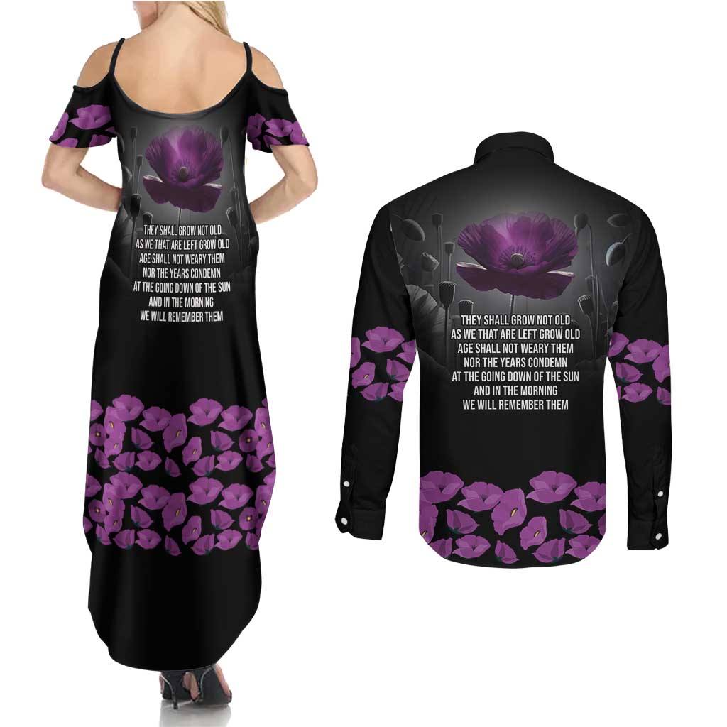 ANZAC Day Remembrance Couples Matching Summer Maxi Dress and Long Sleeve Button Shirt Purple Poppy We Will Remember Them LT9 - Polynesian Pride