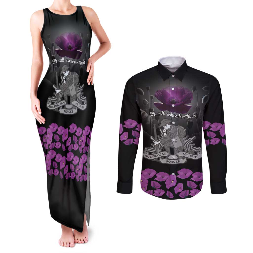 ANZAC Day Remembrance Couples Matching Tank Maxi Dress and Long Sleeve Button Shirt Purple Poppy We Will Remember Them LT9 Purple - Polynesian Pride
