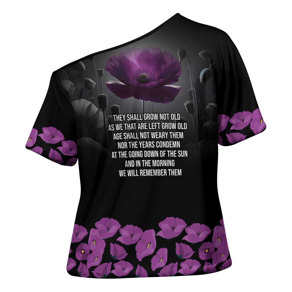 ANZAC Day Remembrance Cross Shoulder Shirt Purple Poppy We Will Remember Them
