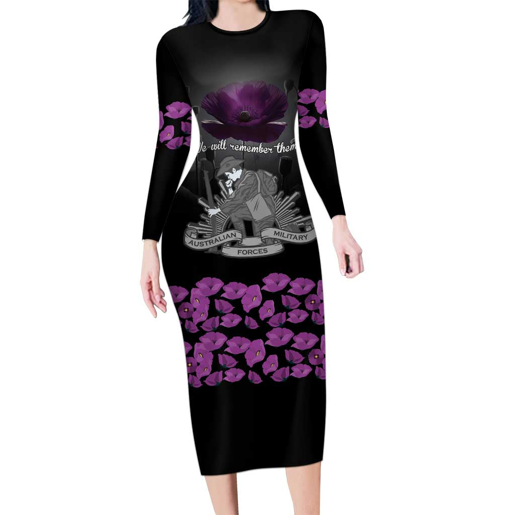 ANZAC Day Remembrance Family Matching Long Sleeve Bodycon Dress and Hawaiian Shirt Purple Poppy We Will Remember Them LT9 Mom's Dress Purple - Polynesian Pride