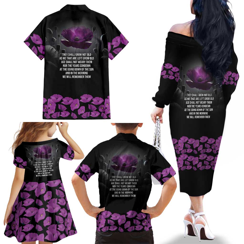 ANZAC Day Remembrance Family Matching Off The Shoulder Long Sleeve Dress and Hawaiian Shirt Purple Poppy We Will Remember Them