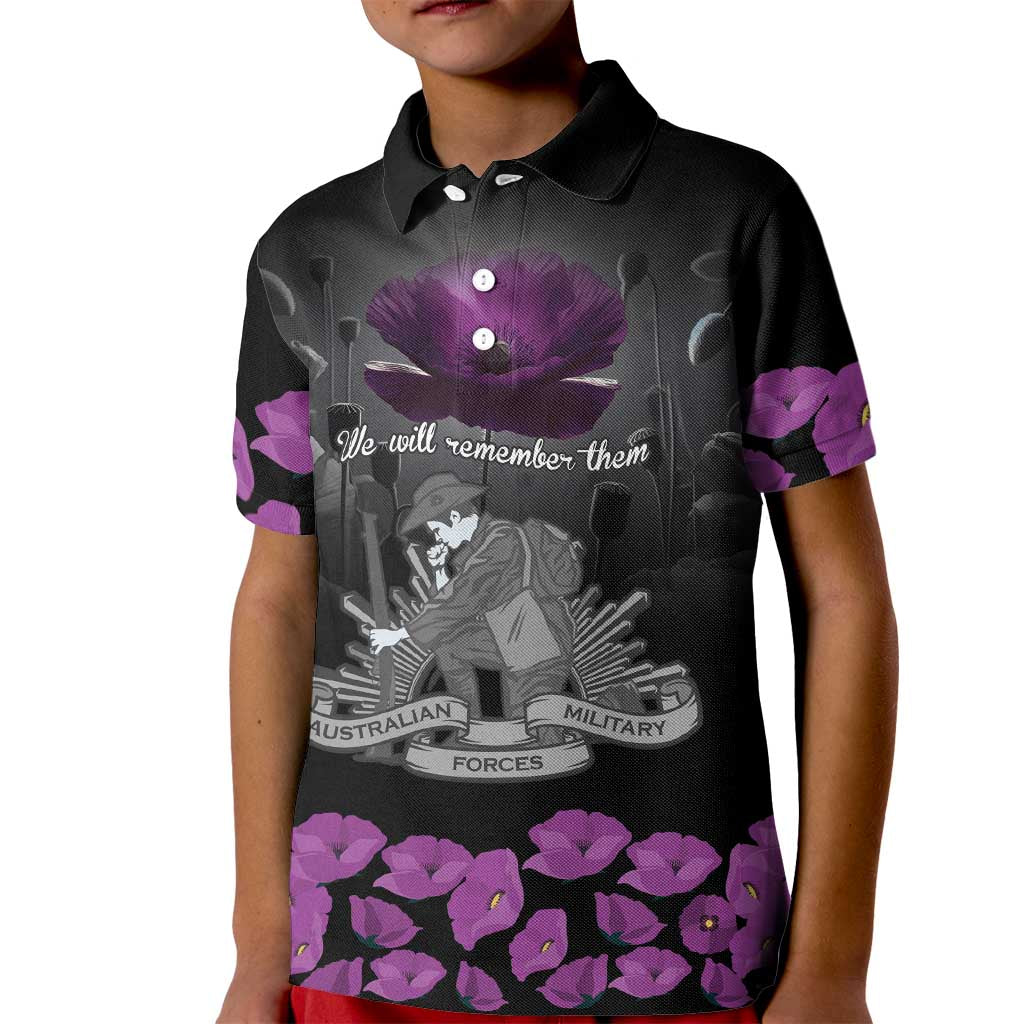 ANZAC Day Remembrance Kid Polo Shirt Purple Poppy We Will Remember Them