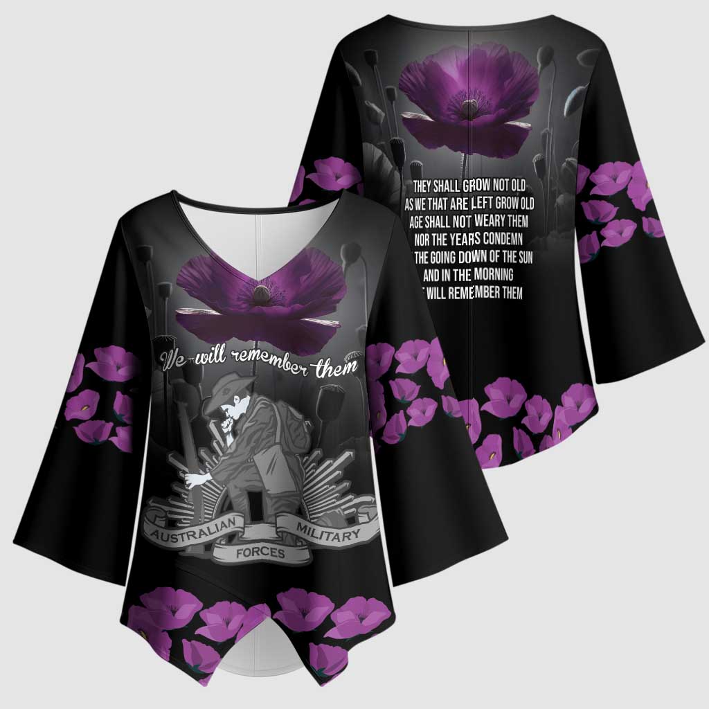 ANZAC Day Remembrance Kimono Sleeve Blouse Purple Poppy We Will Remember Them