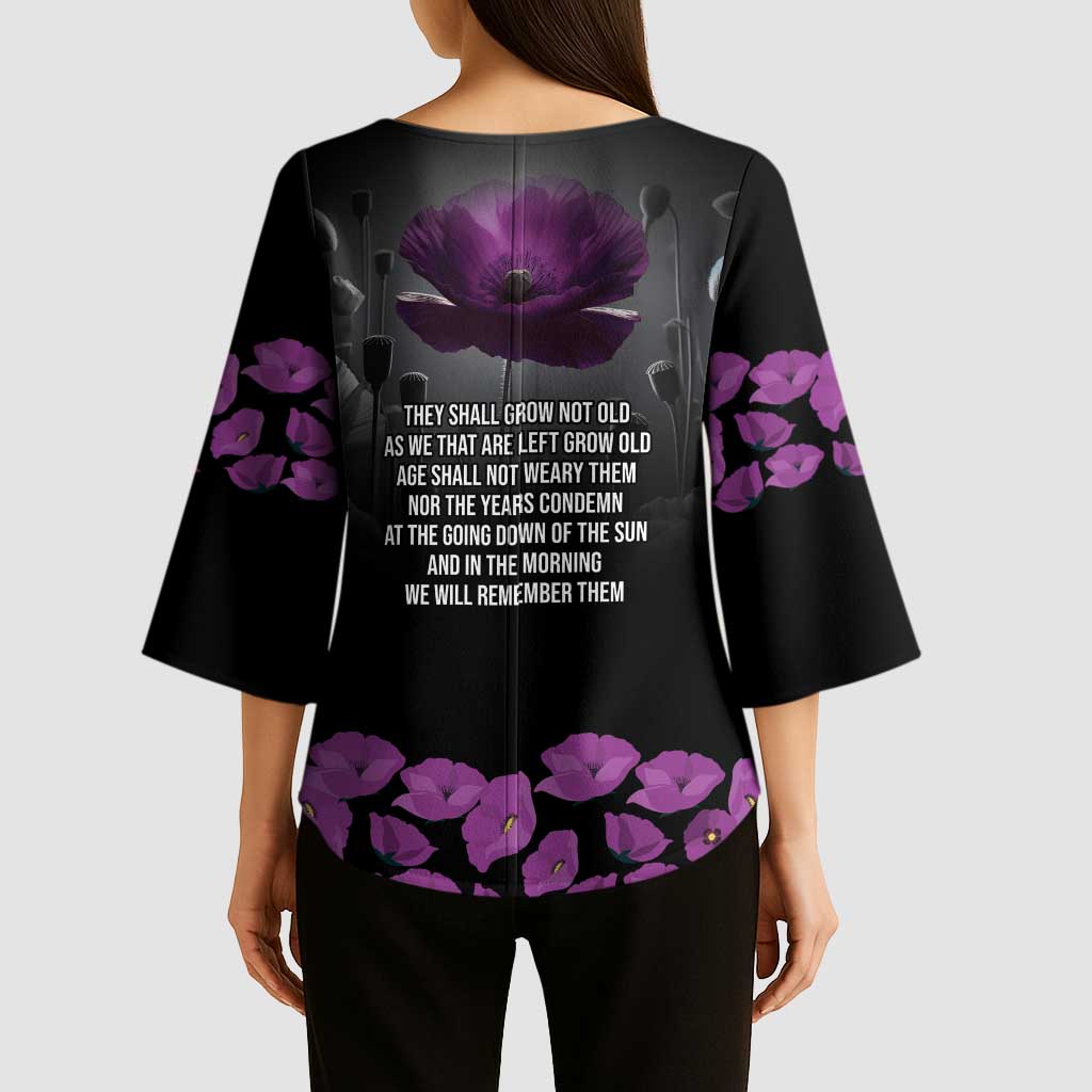 ANZAC Day Remembrance Kimono Sleeve Blouse Purple Poppy We Will Remember Them