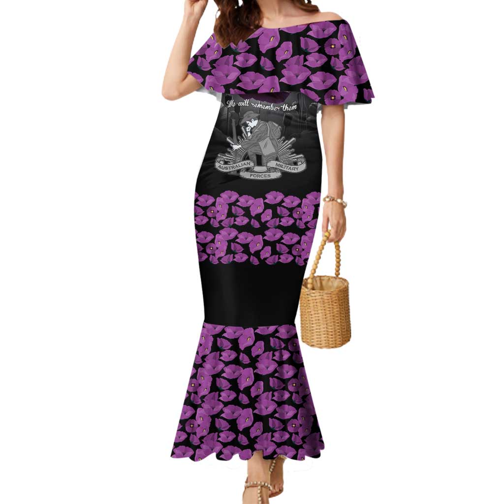 ANZAC Day Remembrance Mermaid Dress Purple Poppy We Will Remember Them