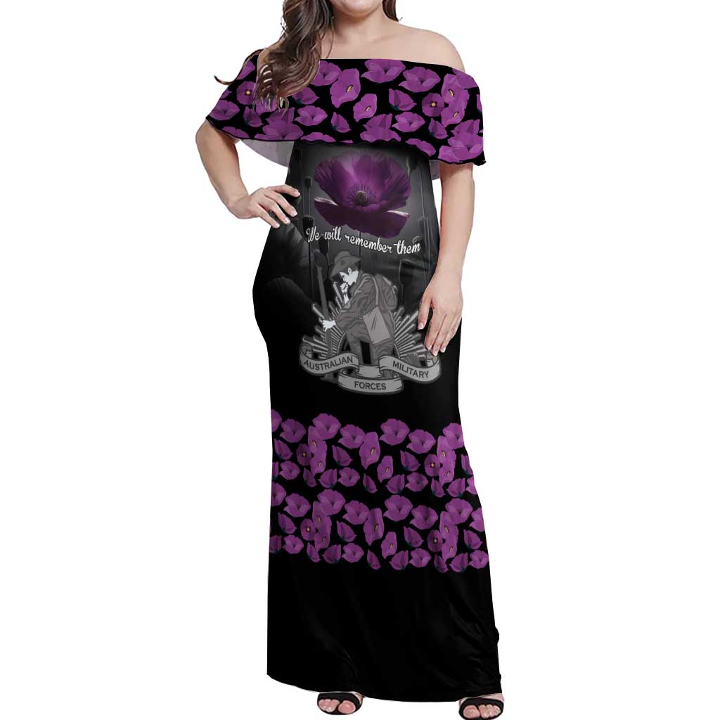 ANZAC Day Remembrance Off Shoulder Maxi Dress Purple Poppy We Will Remember Them