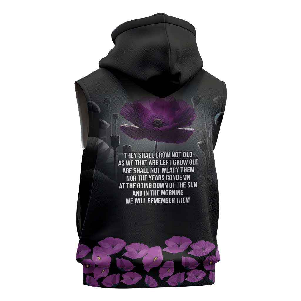ANZAC Day Remembrance Sleeveless Zip Hoodie Purple Poppy We Will Remember Them