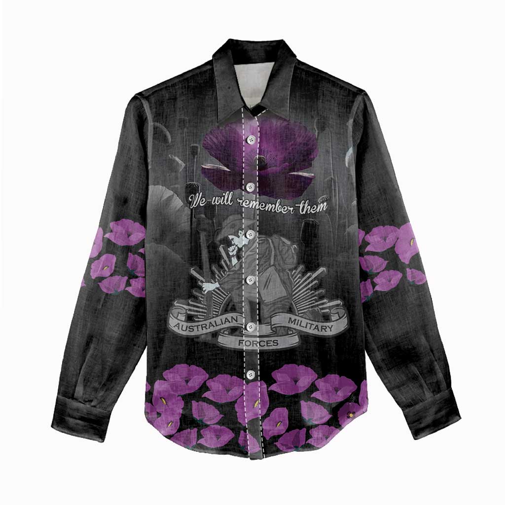 ANZAC Day Remembrance Women Casual Shirt Purple Poppy We Will Remember Them