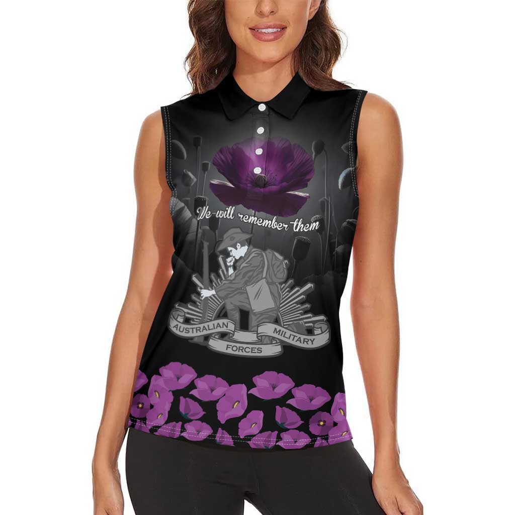 ANZAC Day Remembrance Women Sleeveless Polo Shirt Purple Poppy We Will Remember Them