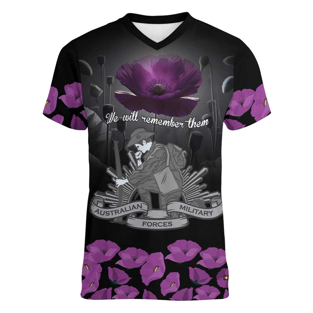ANZAC Day Remembrance Women V-Neck T-Shirt Purple Poppy We Will Remember Them