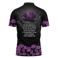 ANZAC Day Remembrance Zipper Polo Shirt Purple Poppy We Will Remember Them