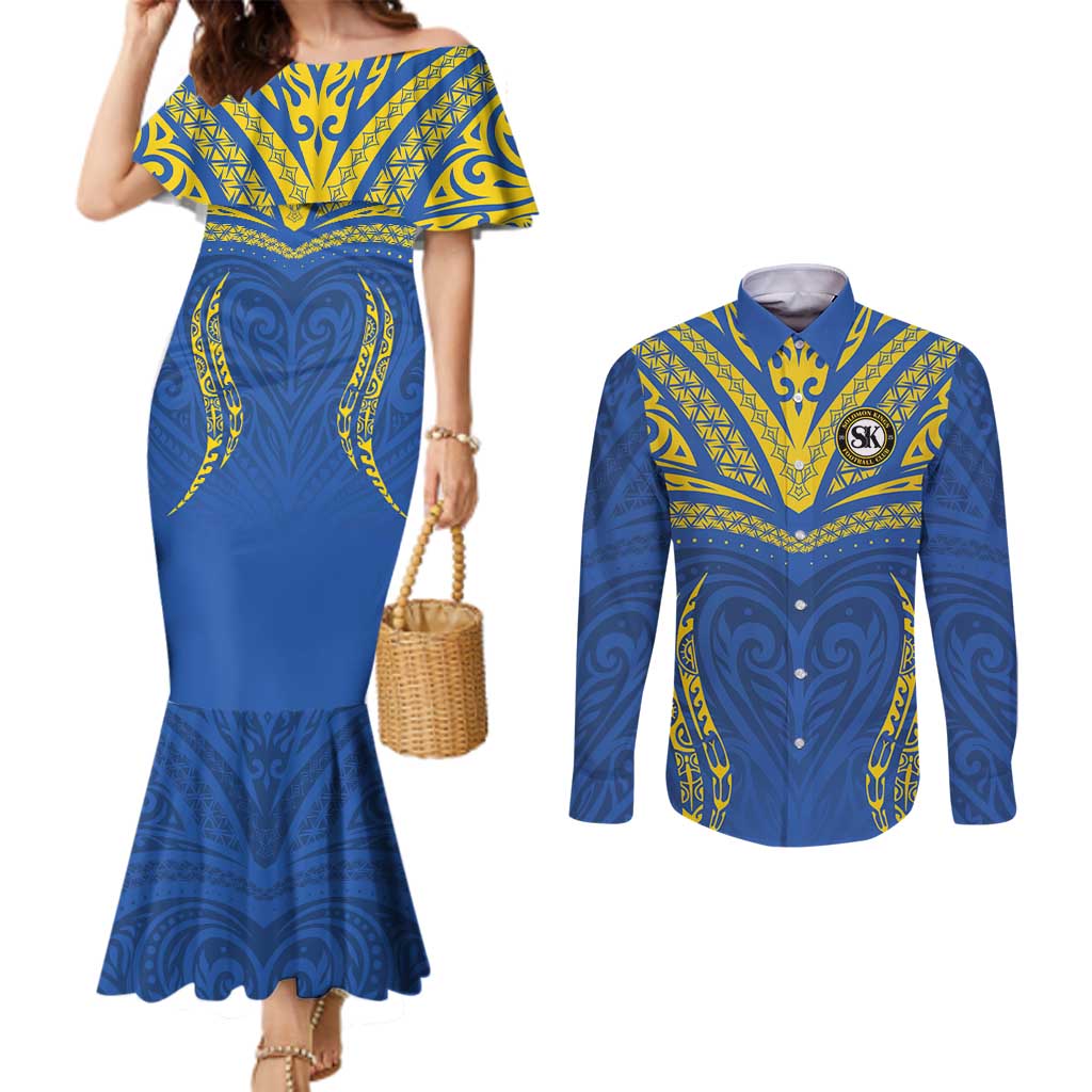 Custom Oceania Football Solomon Kings Couples Matching Mermaid Dress and Long Sleeve Button Shirt Polynesian Tribal Pattern