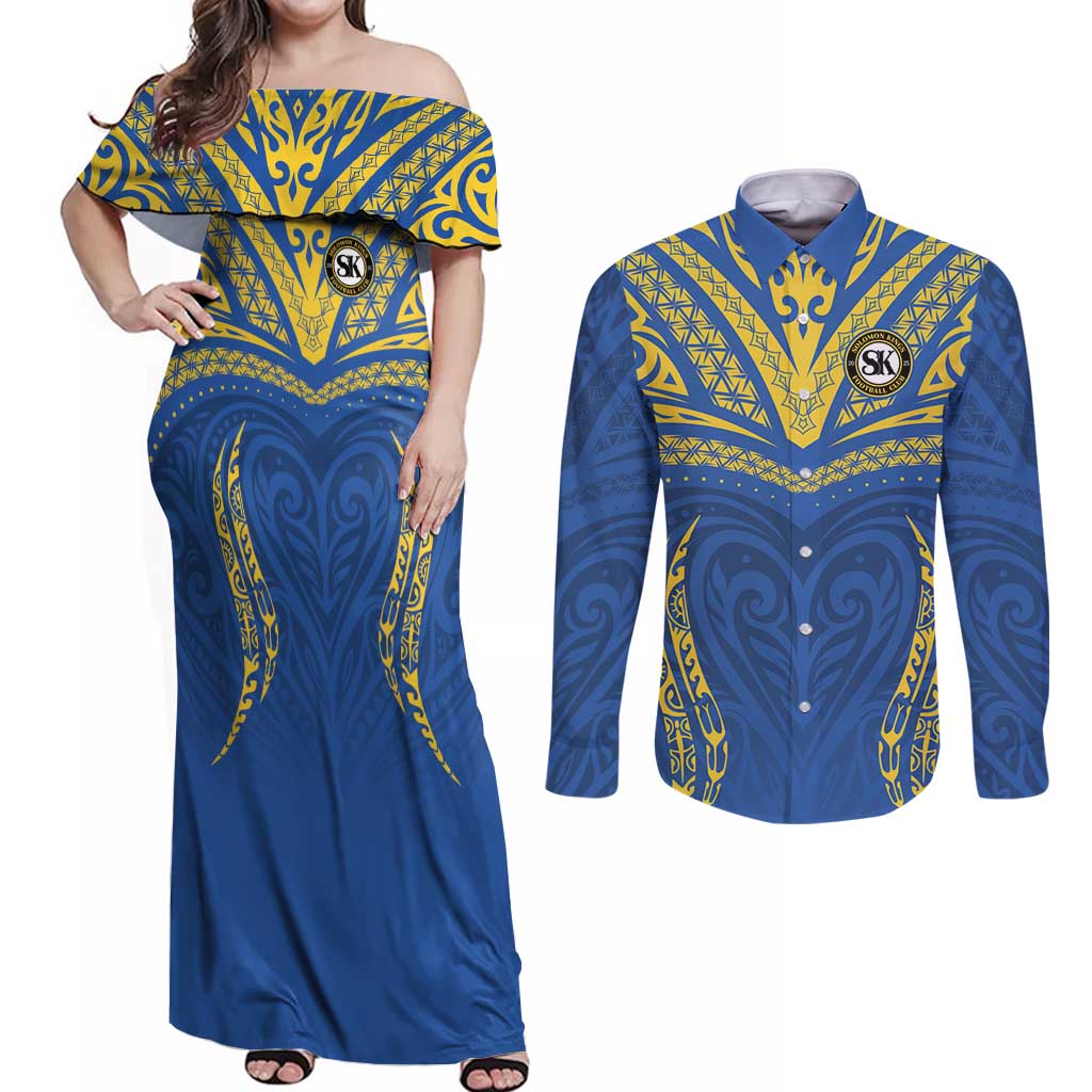 Custom Oceania Football Solomon Kings Couples Matching Off Shoulder Maxi Dress and Long Sleeve Button Shirt Polynesian Tribal Pattern