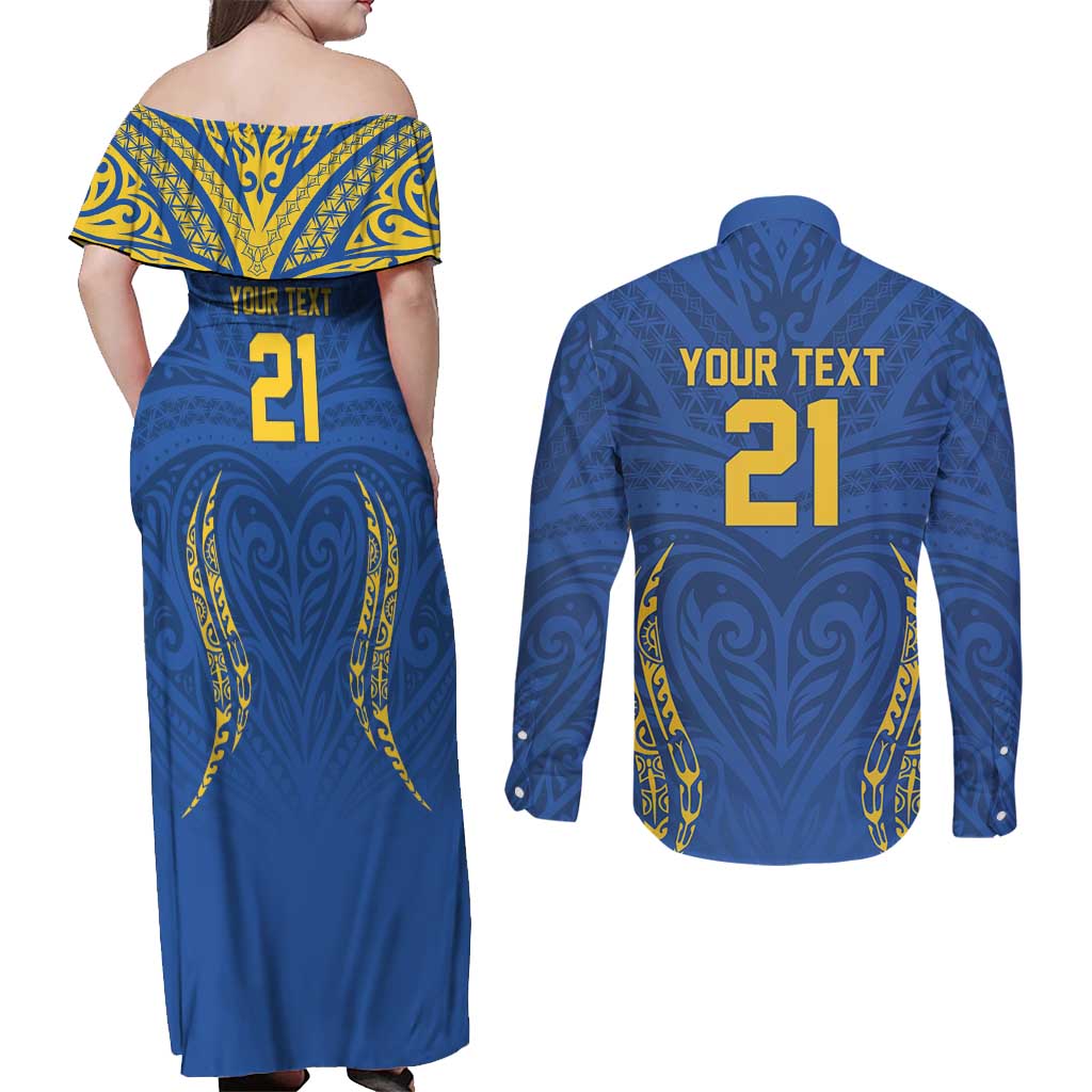Custom Oceania Football Solomon Kings Couples Matching Off Shoulder Maxi Dress and Long Sleeve Button Shirt Polynesian Tribal Pattern
