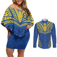 Custom Oceania Football Solomon Kings Couples Matching Off Shoulder Short Dress and Long Sleeve Button Shirt Polynesian Tribal Pattern