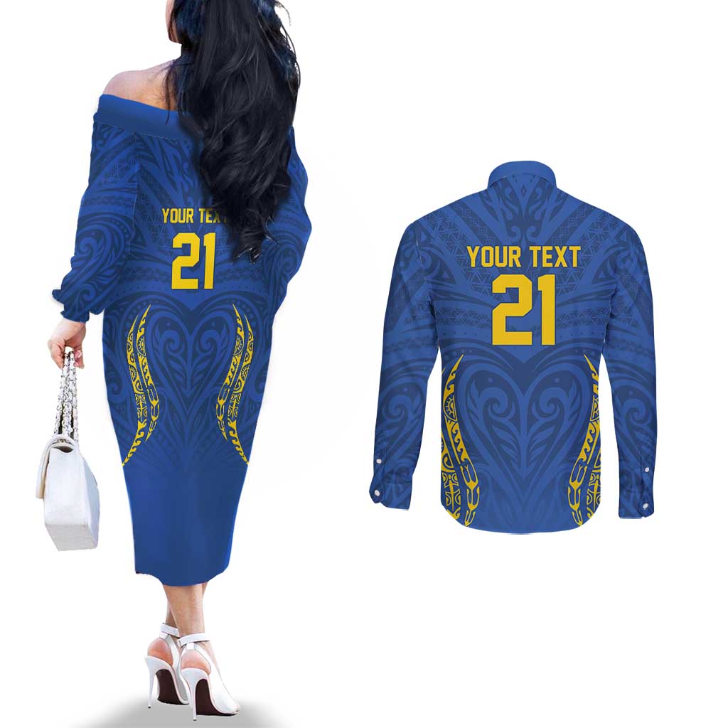Custom Oceania Football Solomon Kings Couples Matching Off The Shoulder Long Sleeve Dress and Long Sleeve Button Shirt Polynesian Tribal Pattern