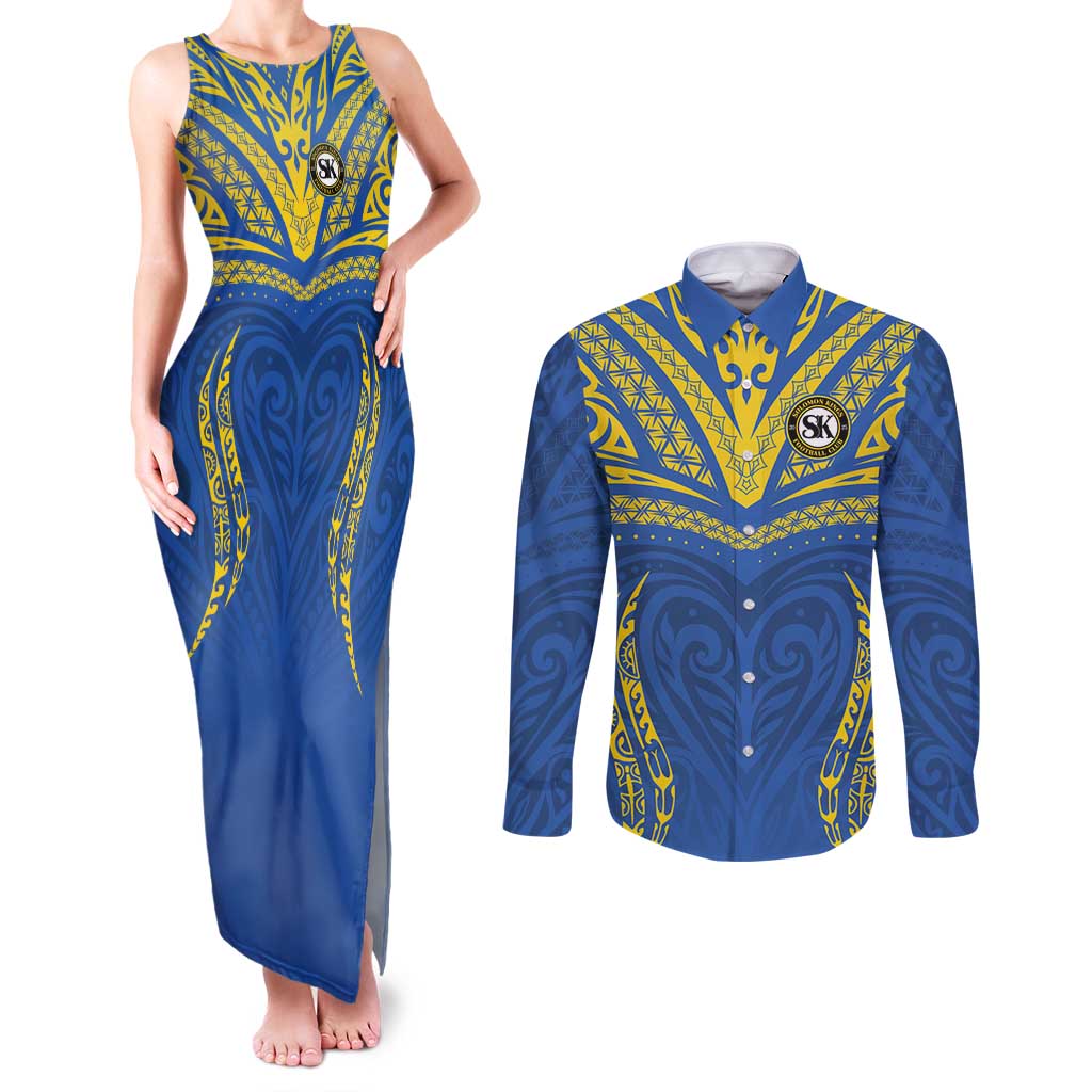 Custom Oceania Football Solomon Kings Couples Matching Tank Maxi Dress and Long Sleeve Button Shirt Polynesian Tribal Pattern