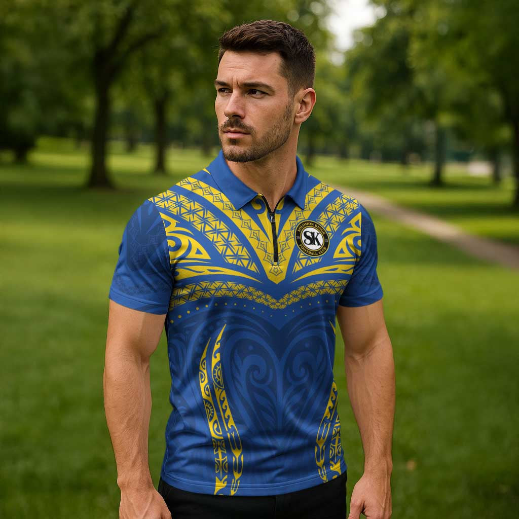 Custom Oceania Football Solomon Kings Zipper Polo Shirt Polynesian Tribal Pattern