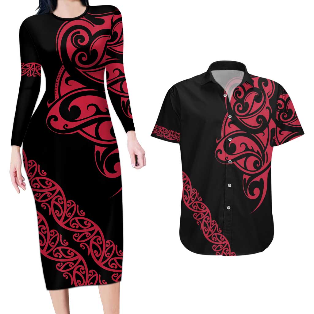 All Black Maori Tribal Tattoo Personalised Couples Matching Long Sleeve Bodycon Dress and Hawaiian Shirt Classic Red Polynesian Style - Polynesian Pride