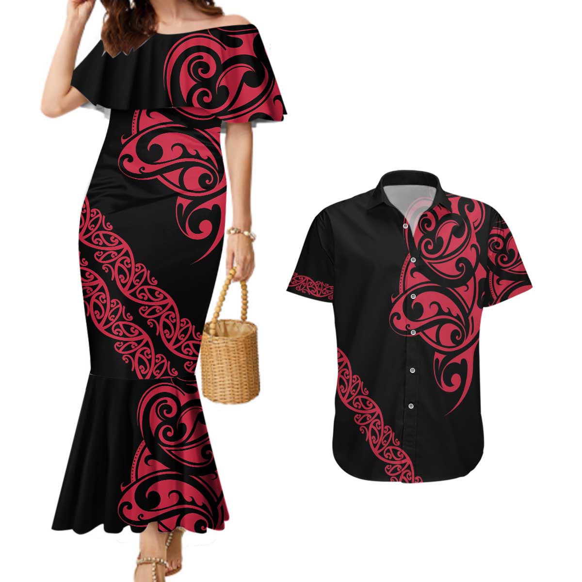 All Black Maori Tribal Tattoo Personalised Couples Matching Mermaid Dress and Hawaiian Shirt Classic Red Polynesian Style - Polynesian Pride