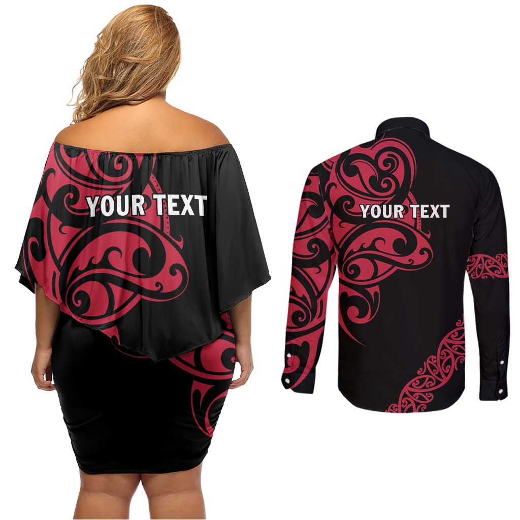 All Black Maori Tribal Tattoo Personalised Couples Matching Off Shoulder Short Dress and Long Sleeve Button Shirt Classic Red Polynesian Style - Polynesian Pride