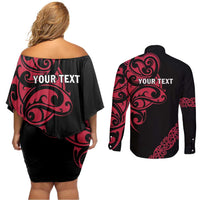 All Black Maori Tribal Tattoo Personalised Couples Matching Off Shoulder Short Dress and Long Sleeve Button Shirt Classic Red Polynesian Style - Polynesian Pride