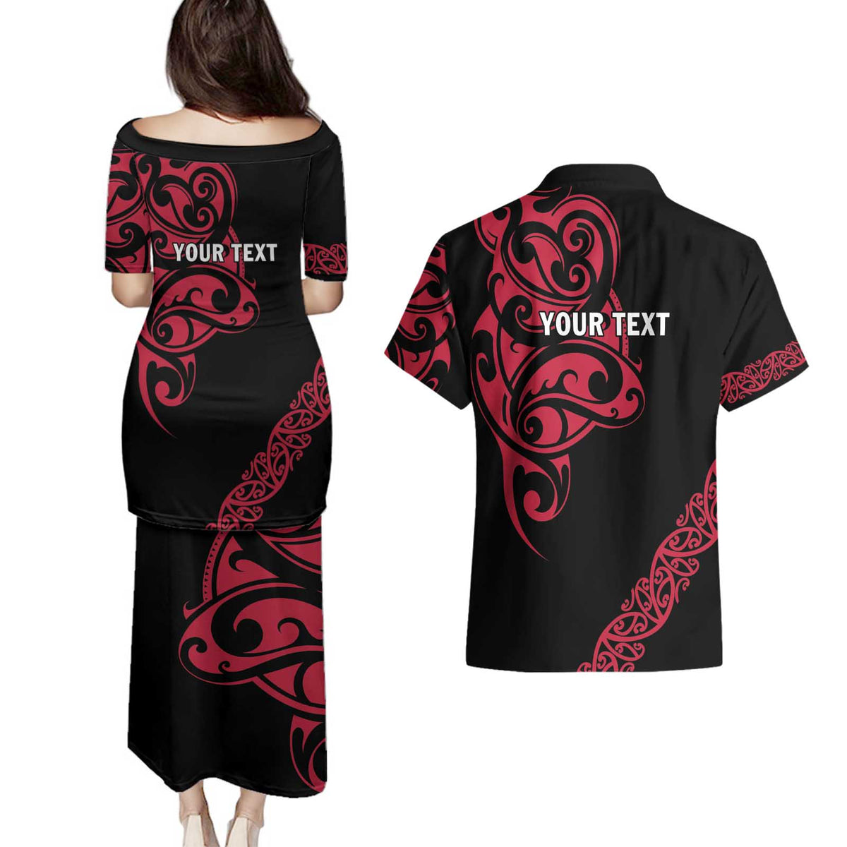 All Black Maori Tribal Tattoo Personalised Couples Matching Puletasi and Hawaiian Shirt Classic Red Polynesian Style - Polynesian Pride