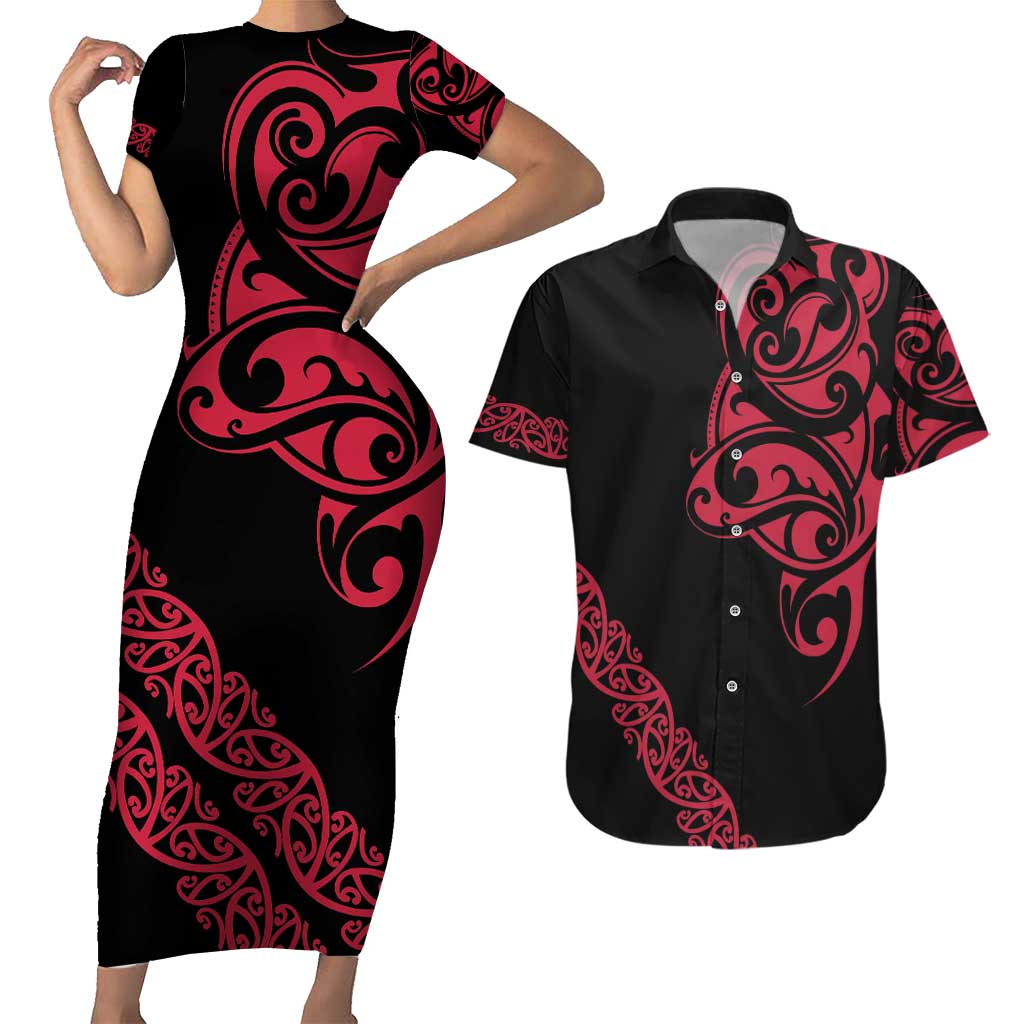 All Black Maori Tribal Tattoo Personalised Couples Matching Short Sleeve Bodycon Dress and Hawaiian Shirt Classic Red Polynesian Style - Polynesian Pride