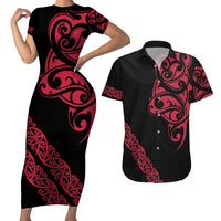 All Black Maori Tribal Tattoo Personalised Couples Matching Short Sleeve Bodycon Dress and Hawaiian Shirt Classic Red Polynesian Style - Polynesian Pride