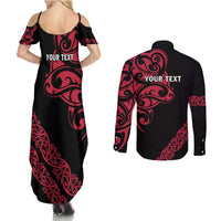 All Black Maori Tribal Tattoo Personalised Couples Matching Summer Maxi Dress and Long Sleeve Button Shirt Classic Red Polynesian Style - Polynesian Pride