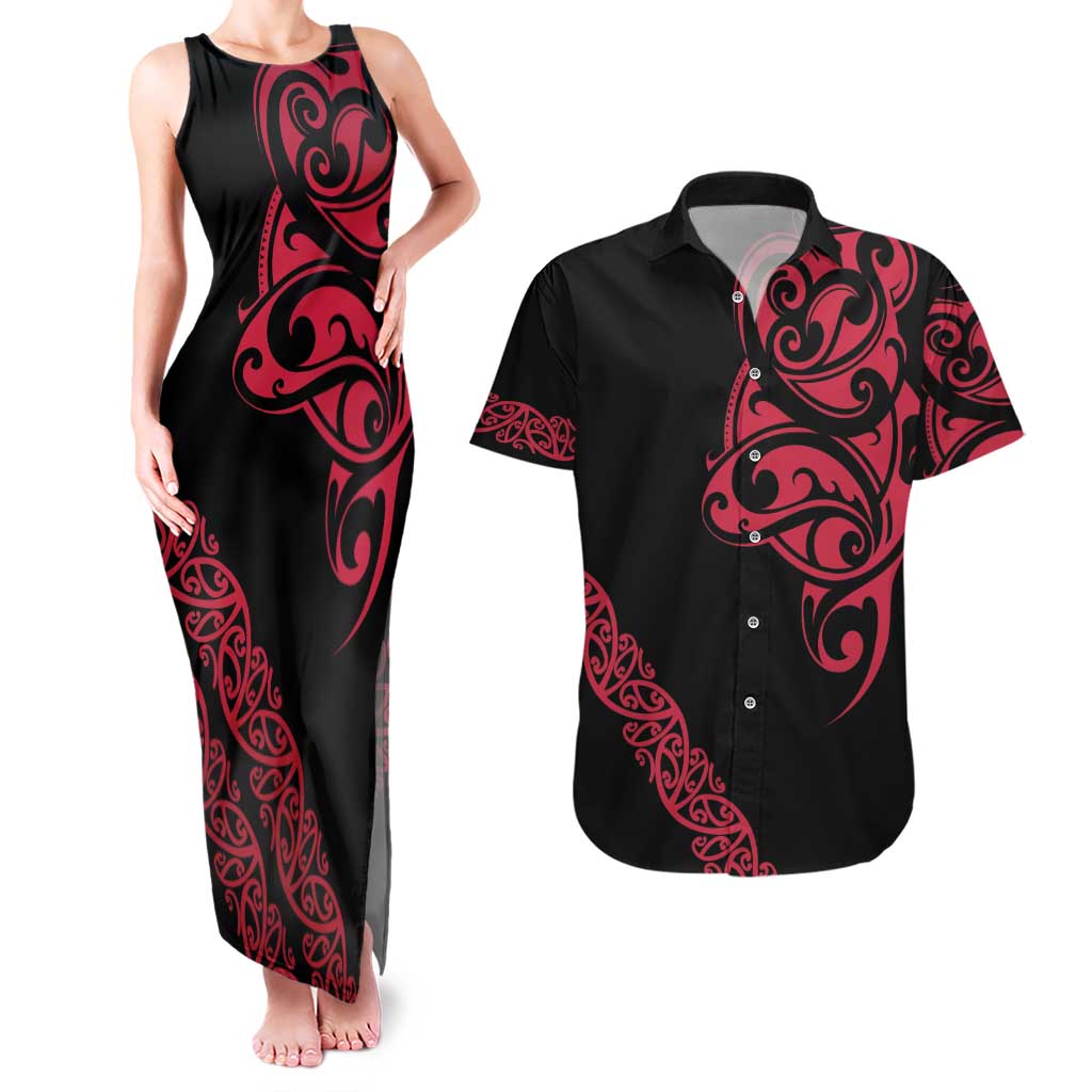 All Black Maori Tribal Tattoo Personalised Couples Matching Tank Maxi Dress and Hawaiian Shirt Classic Red Polynesian Style - Polynesian Pride