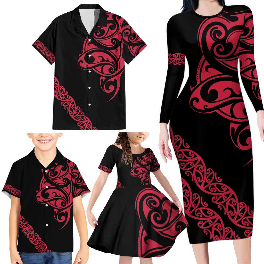 All Black Maori Tribal Tattoo Personalised Family Matching Long Sleeve Bodycon Dress and Hawaiian Shirt Classic Red Polynesian Style - Polynesian Pride