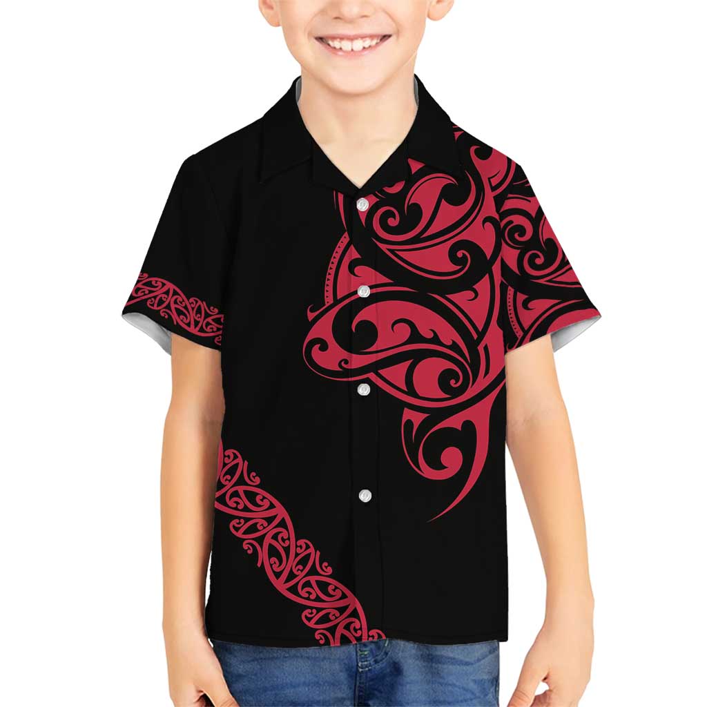 All Black Maori Tribal Tattoo Personalised Family Matching Long Sleeve Bodycon Dress and Hawaiian Shirt Classic Red Polynesian Style - Polynesian Pride