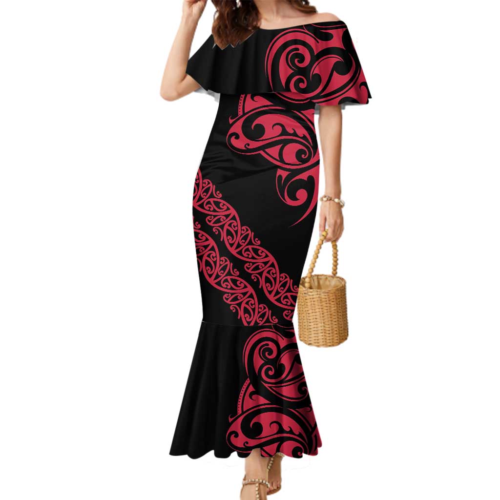 All Black Maori Tribal Tattoo Personalised Family Matching Mermaid Dress and Hawaiian Shirt Classic Red Polynesian Style - Polynesian Pride