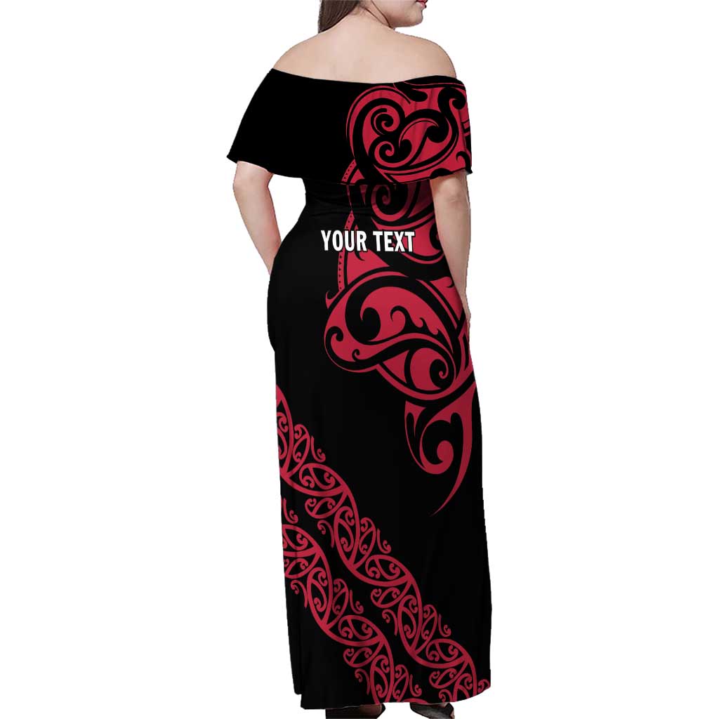 All Black Maori Tribal Tattoo Personalised Family Matching Off Shoulder Maxi Dress and Hawaiian Shirt Classic Red Polynesian Style - Polynesian Pride