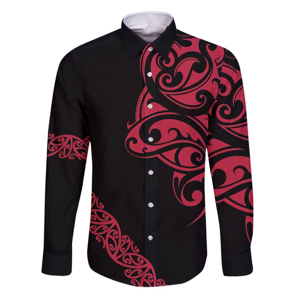 All Black Maori Tribal Tattoo Personalised Family Matching Off Shoulder Short Dress and Hawaiian Shirt Classic Red Polynesian Style - Polynesian Pride